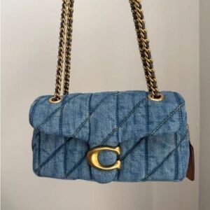 Blue Quilted Shoulder Bag with Gold Chain